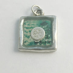 Pewter w/ green tree print with sterling silver snowflake pendant-resin-snow