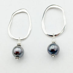 Sterling Silver wavy hoop stud earrings with grey freshwater pearl dangles