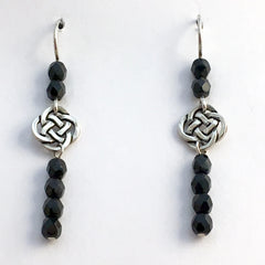 Pewter & Sterling Silver Round Celtic dangle Knot Earrings- black glass, knots