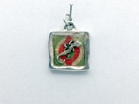 Pewter pendant w/ handmade paper & sterling silver gecko- lizard, geckos,lizards