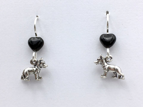 Sterling silver tiny German Shepherd dog dangle Earrings-dogs, heart, K-9,canine