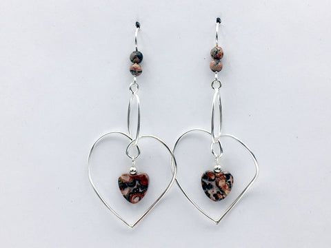 Sterling silver twisted large wire heart with Leopardskin Jasper dangle earrings-hearts,Valentine, love