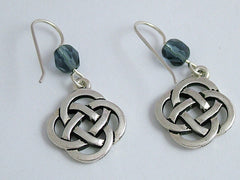 Pewter & Sterling Silver large Round Celtic Knot dangle Earrings- denim blue