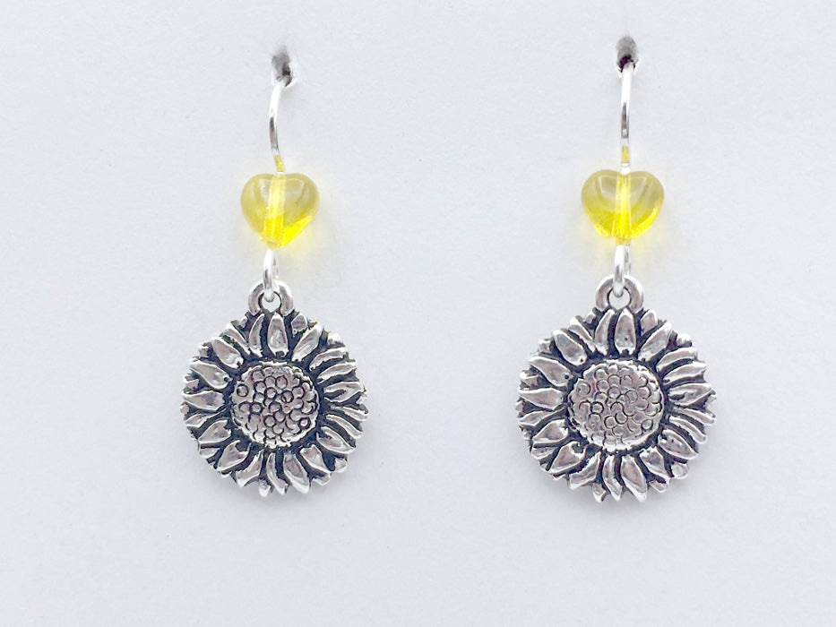 Pewter & Sterling Silver sunflower dangle earrings- sunflowers, gardener,yellow