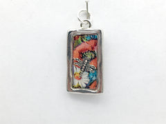 Pewter frame, sterling silver dragonfly pendant-resin, vintage flowers