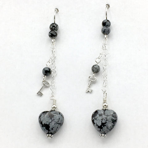 Sterling Silver and Snowflake Obsidian heart dangle earrings-love, key to my heart, hearts