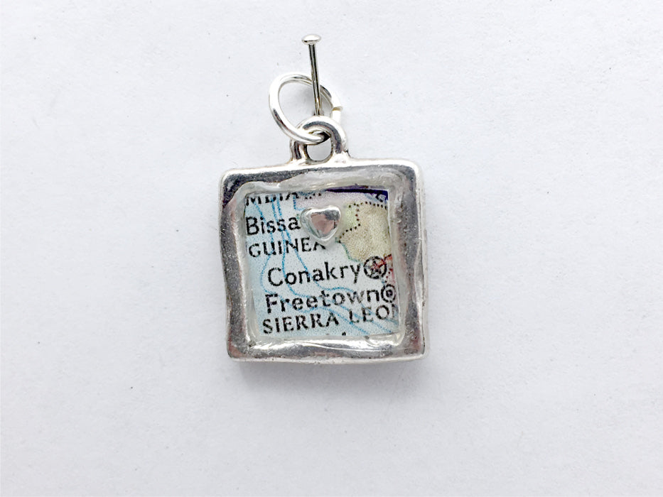 Square Pewter w/ Sterling Silver heart & Conakry, Guinea Map pendant, maps, West Africa