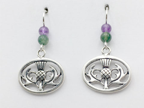 Sterling Silver Thistle in oval dangle Earrings-Scotland-Celtic- Thistles, Flower