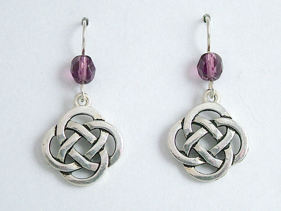 Pewter & Sterling Silver large Round Celtic Knot dangle Earrings- purple glass