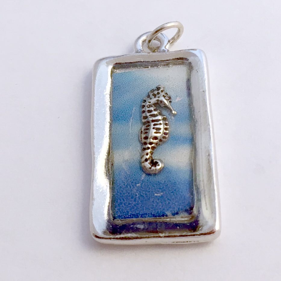 Pewter frame,water print, sterling silver seahorse pendant-resin,ocean,sea horse