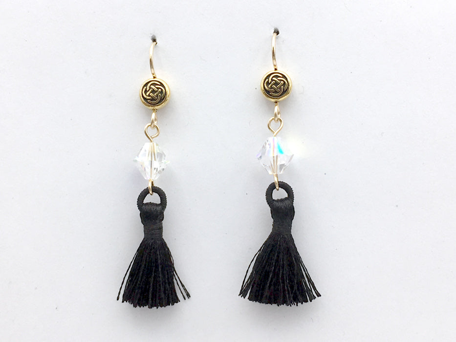 Goldtone Pewter & 14kGF round Celtic knot dangle Earrings-black tassel, knots