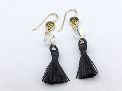 Goldtone Pewter & 14kGF round Celtic knot dangle Earrings-black tassel, knots