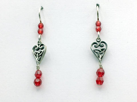 Sterling Silver small Celtic Trinity Knot Heart dangle Earrings- red crystal