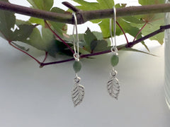 Sterling Silver long hoop open leaf dangle earrings- tree, nature , leaves, jade