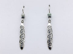 Sterling Silver long skinny Celtic knot dangle Earrings-sesame jasper, knots,