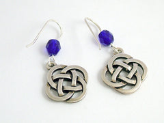 Pewter & Sterling Silver large Round Celtic Knot dangle Earrings- cobalt blue