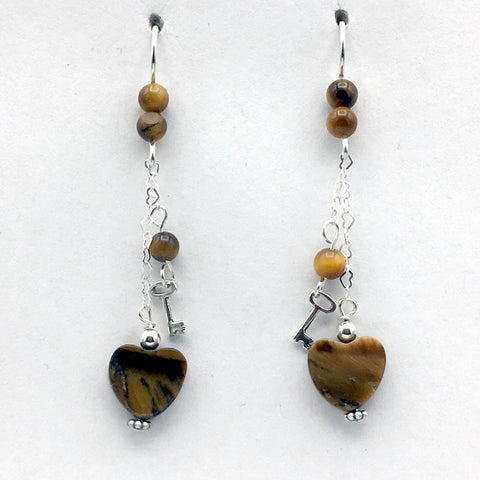 Sterling Silver and Tiger Eye heart dangle earrings-love, key to my heart, hearts