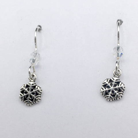 Sterling Silver small snowflake dangle earrings-holiday- winter- snow- ski,sled