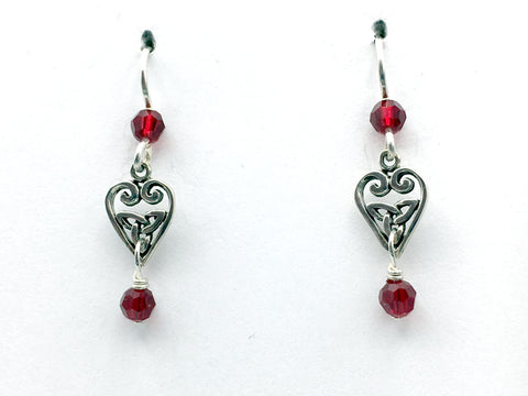 Sterling Silver small Celtic Trinity Knot Heart dangle Earrings-burgundy red crystal