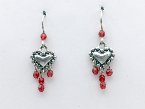 Sterling Silver Beaded Heart  Earrings-red glass dangles, hearts, Valentine