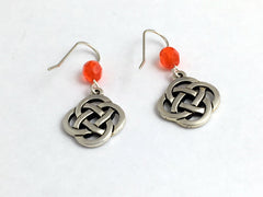 Pewter & Sterling Silver large Round Celtic Knot dangle Earrings- orange glass