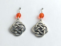 Pewter & Sterling Silver large Round Celtic Knot dangle Earrings- orange glass