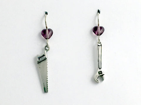 Sterling silver Tool dangle Earrings-Wrench, hand Saw-builder, DIY,construction