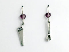 Sterling silver Tool dangle Earrings-Wrench, hand Saw-builder, DIY,construction