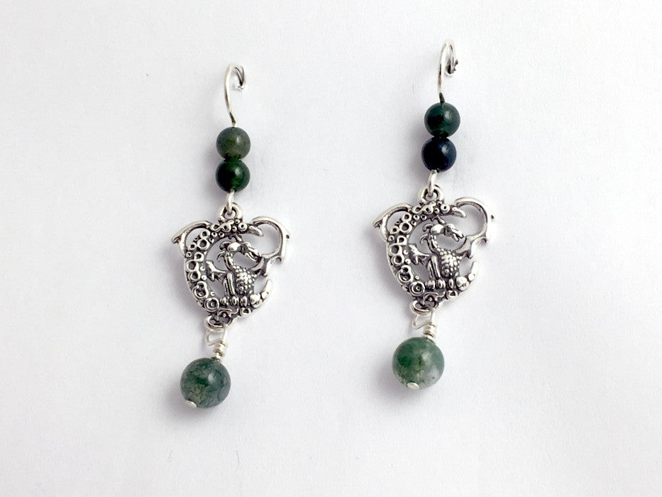 Sterling Silver Dragon on moon dangle  earrings-moss agate-Fantasy,dragons