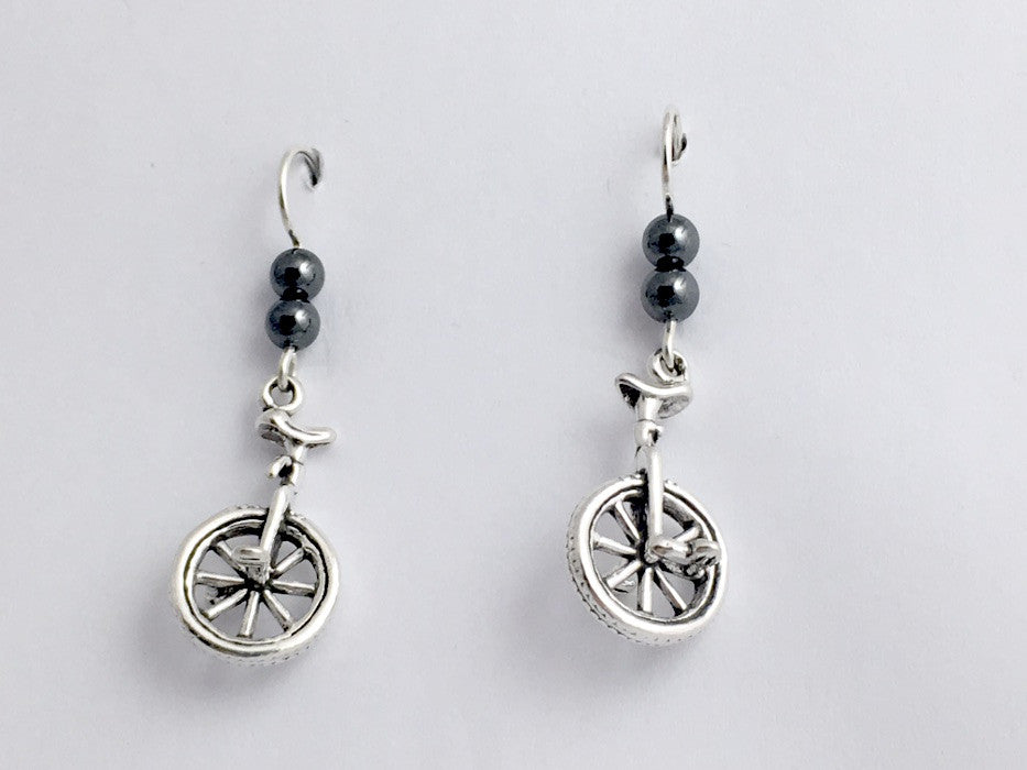 Sterling silver Unicycle dangle earrings-Unicycles, Clown, Circus, Hematite,