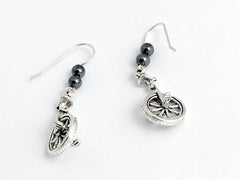 Sterling silver Unicycle dangle earrings-Unicycles, Clown, Circus, Hematite,