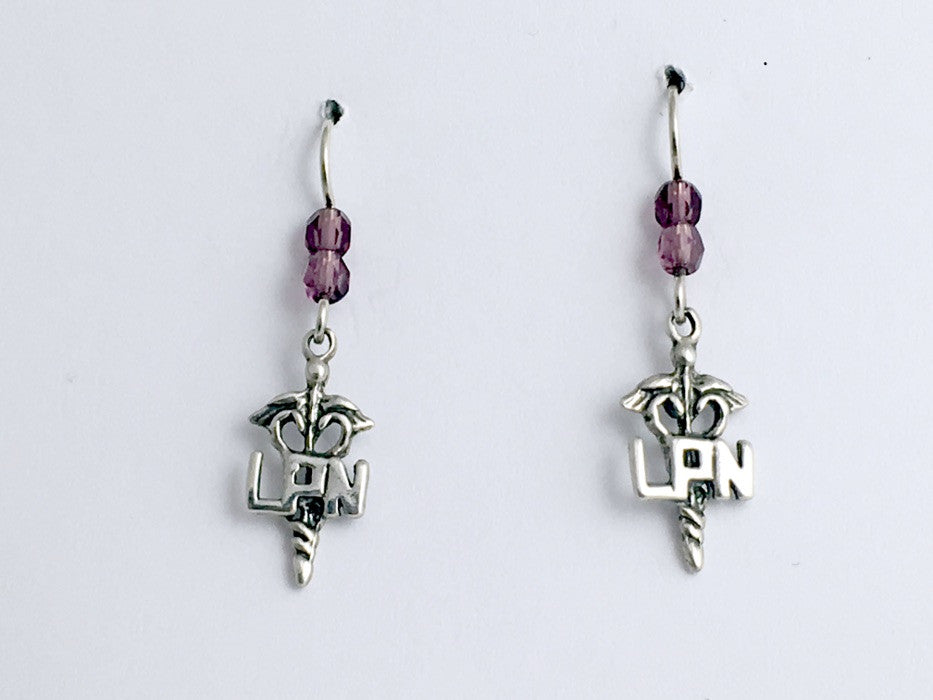 Sterling Silver Caduceus LPN dangle earrings-Medicine-nursing- Medical, nurse