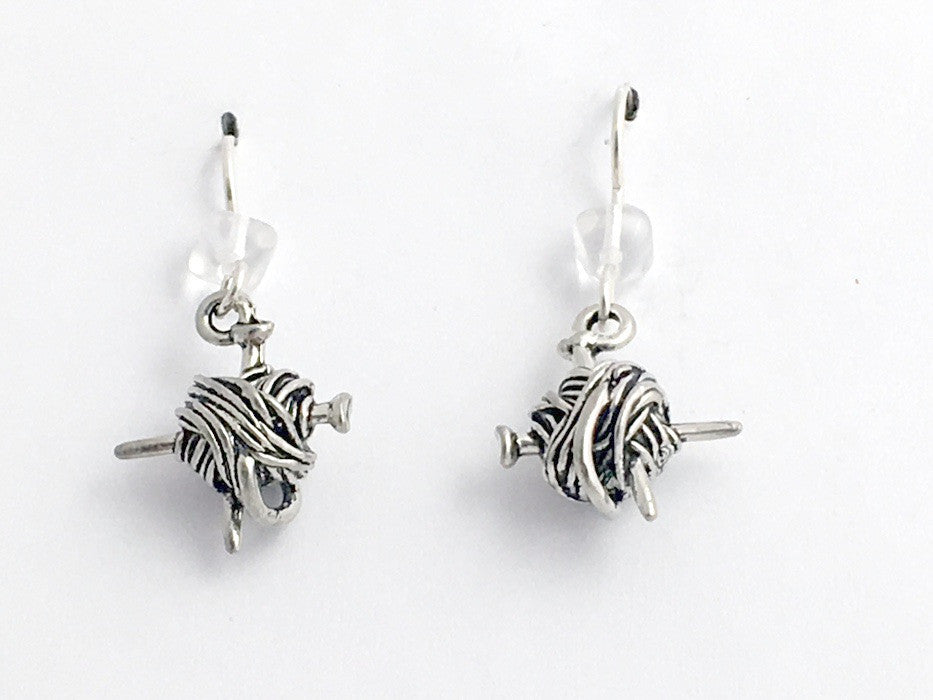 Pewter & sterling silver knitting earrings-ball of yarn & needles, knit, knitter