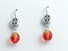 Pewter & Sterling Silver oval Celtic  knot dangle Earrings-orange glass, knots