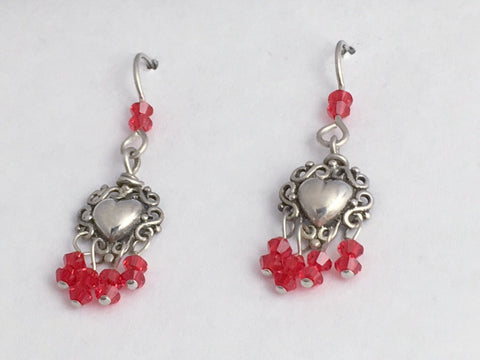 Sterling Silver Heart w/swirls Earrings-red  crystal dangles, hearts, Valentine