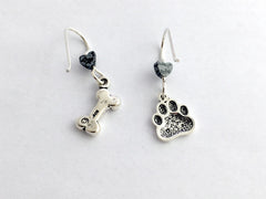 Sterling silver paw print & bone dangle earrings-dog-canine, dogs, paws, bones