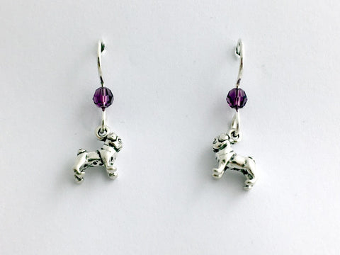 Sterling silver tiny Pug dog dangle earrings-purple glass, -Pugs,dogs,canine