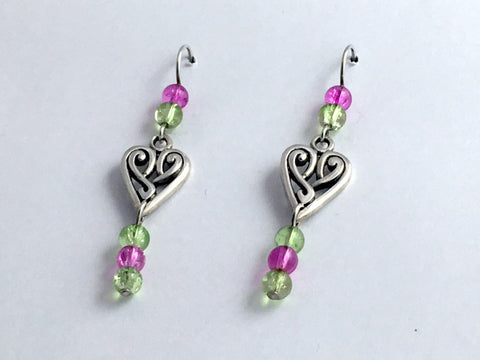 Sterling Silver Celtic Knot Heart dangle Earrings-pink/green glass,knots, hearts