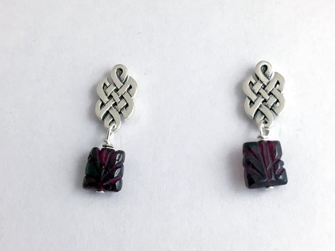 Sterling Silver & surgical steel Celtic knot stud Earrings-carved Garnet dangle