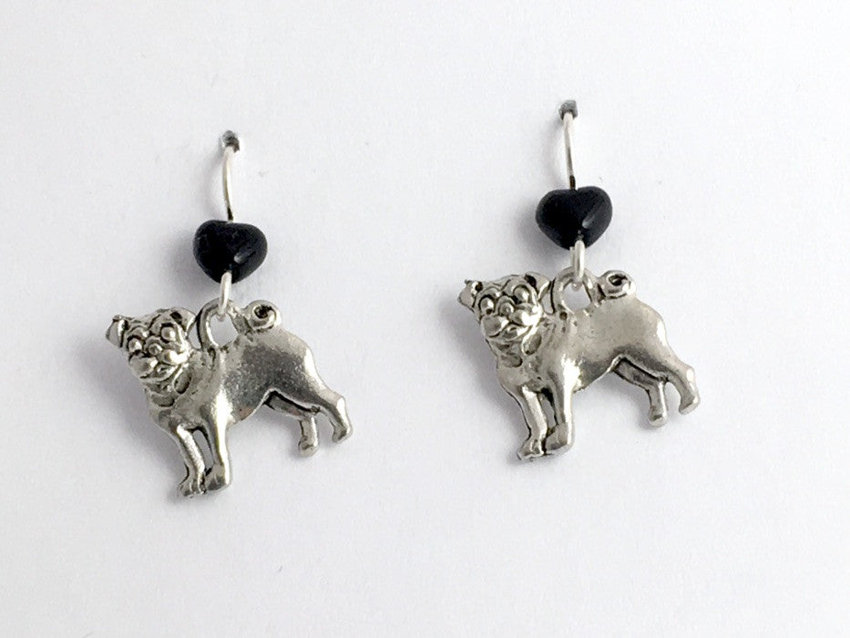 Pewter & sterling silver large Pug dog dangle earrings-pugs, canine, dogs