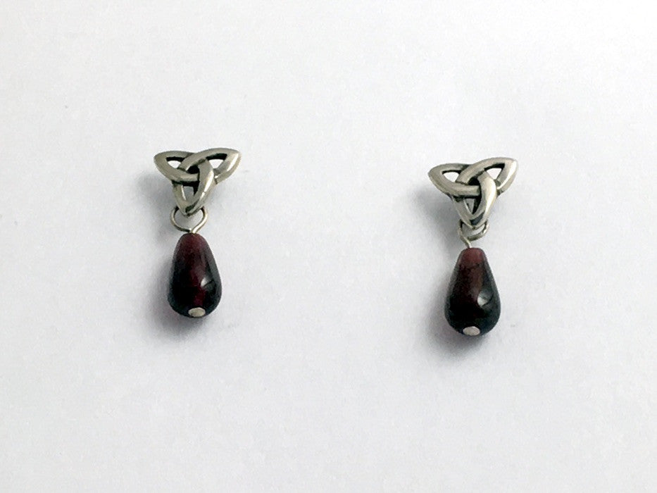 Sterling Silver Celtic Trinity Knot stud Earrings with garnet drops, Triquetra