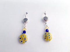 Pewter & Sterling Silver Spiral dangle earrings-yellow & blue millefiori glass