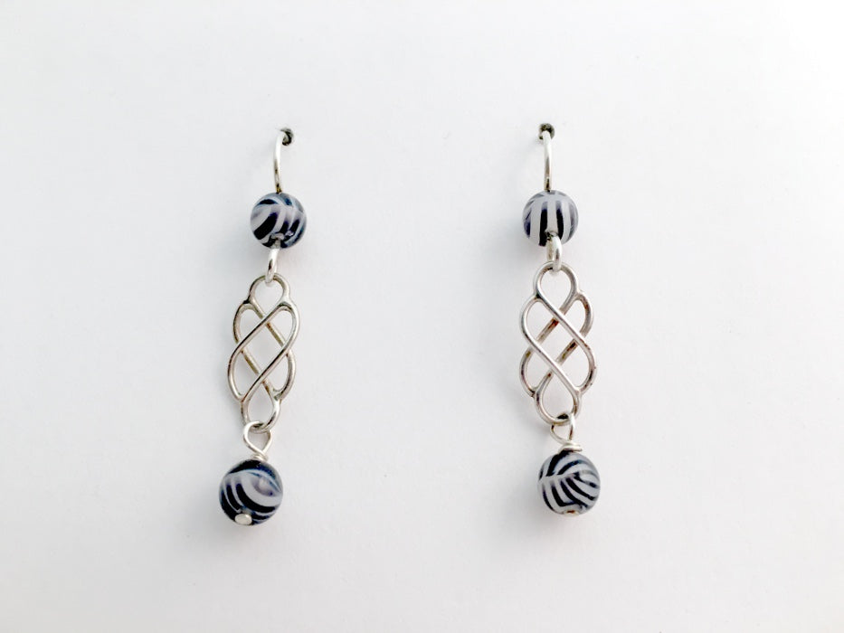 Sterling silver Celtic knot dangle earrings- zebra stripe glass beads, knots