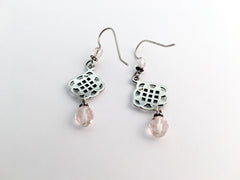 Sterling Silver Celtic Knot dangle  Earrings- Pink glass,  knots, rounded,