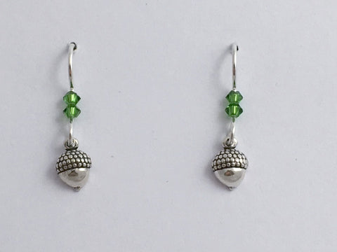 Sterling Silver tiny acorn dangle earrings-oak, tree,green crystal, acorns,oaks