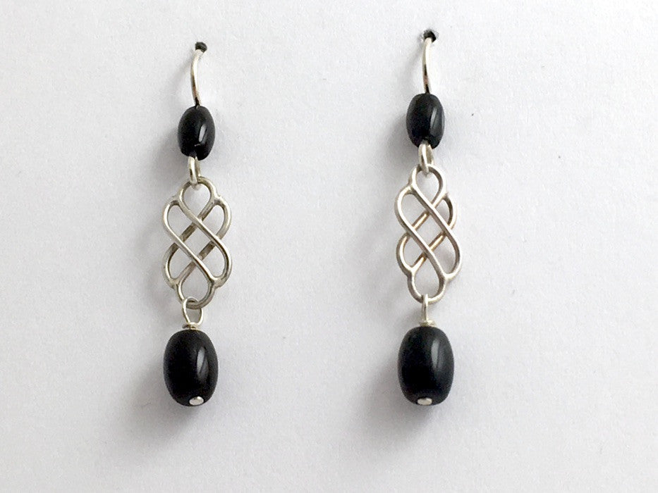 Sterling silver Celtic knot dangle earrings- obsidian drops, knots, 1 3/4 inch
